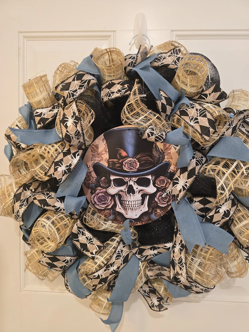 Skull Top Hat Floral Wreath - Black, Tan, Blue Steampunk Halloween